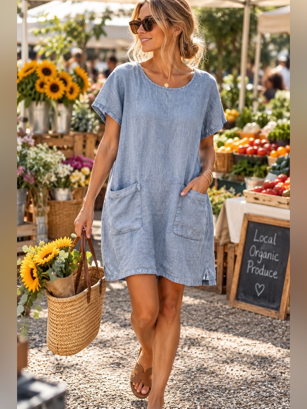 FLAX 100% Linen Blue Shift Dress Medium Oversized Tunic Pockets Lagenlook
